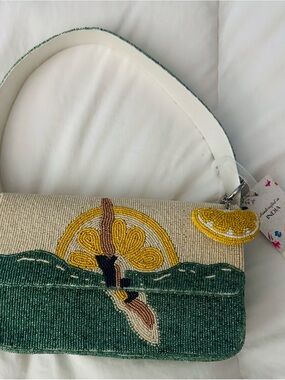 Beaded Lemon Motif Shoulder Bag in Green and Cream